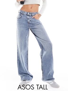 ASOS Design tall low rise baggy jeans in mid blue